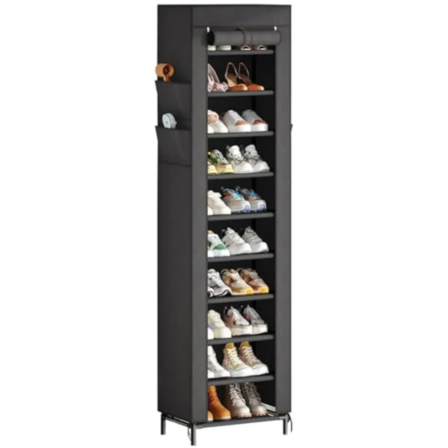 

Narrow Shoe Rack with Cover 10 Tier Shoe Organizer Storage Tall Free Standing Shoe Cabinet Holds 20 Pairs for Closet Black