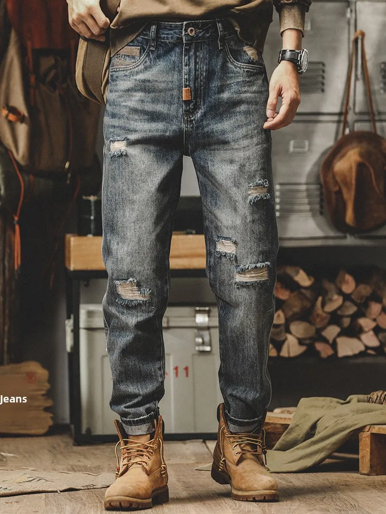 

Мужские джинсы в стиле ретро, американские классические, прямые, модные, с дырками, повседневные, со средней посадкой, молодежные