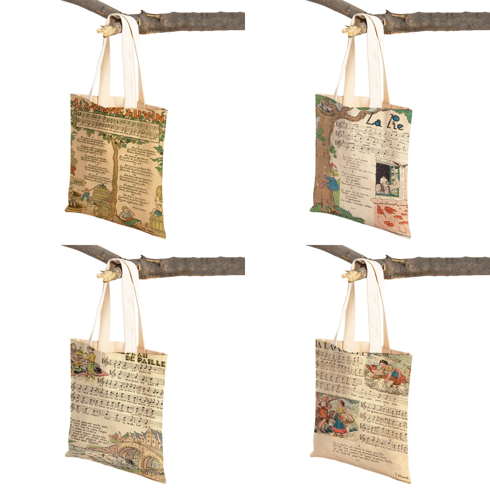 Vintage Newspaper Woman Shoulder Bags Shopper Folding Canvas Tote Designer Handbags Europe Music Printed Travel  Shopping Bag