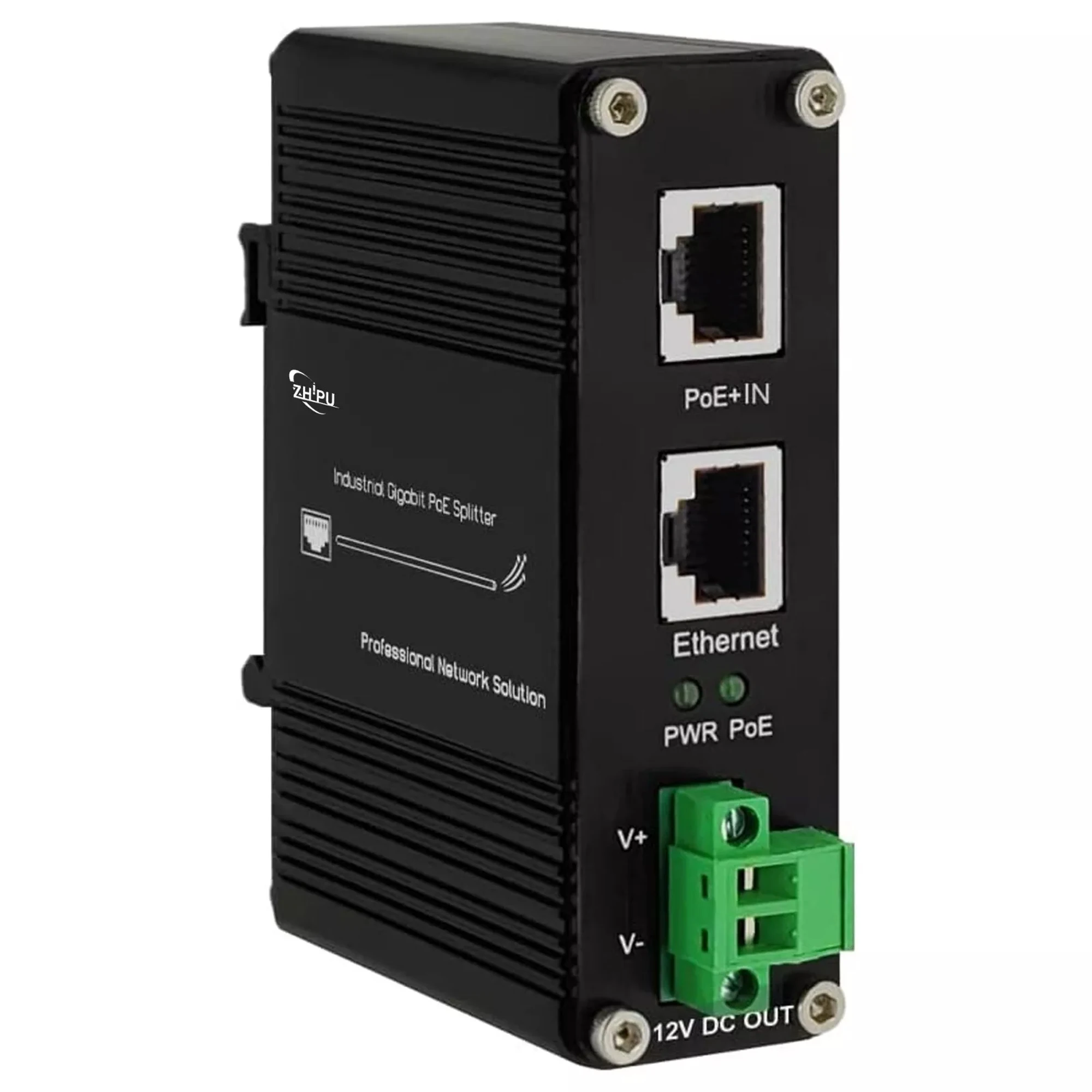 Industrial Gigabit PoE+ Splitter PoE IEEE802.3 at 30W Input, 5/12/19/24/36VDC 20WOutput DIN Rail