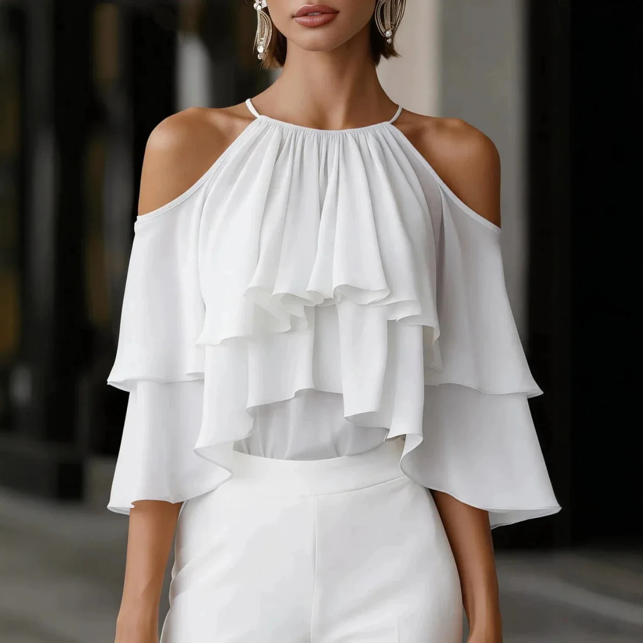 Sexy Loose Women's Shirt With Neck Hanging Shoulder Exposed Pleated Collar Double Layered Pleated Edges White Floral Party Shirt