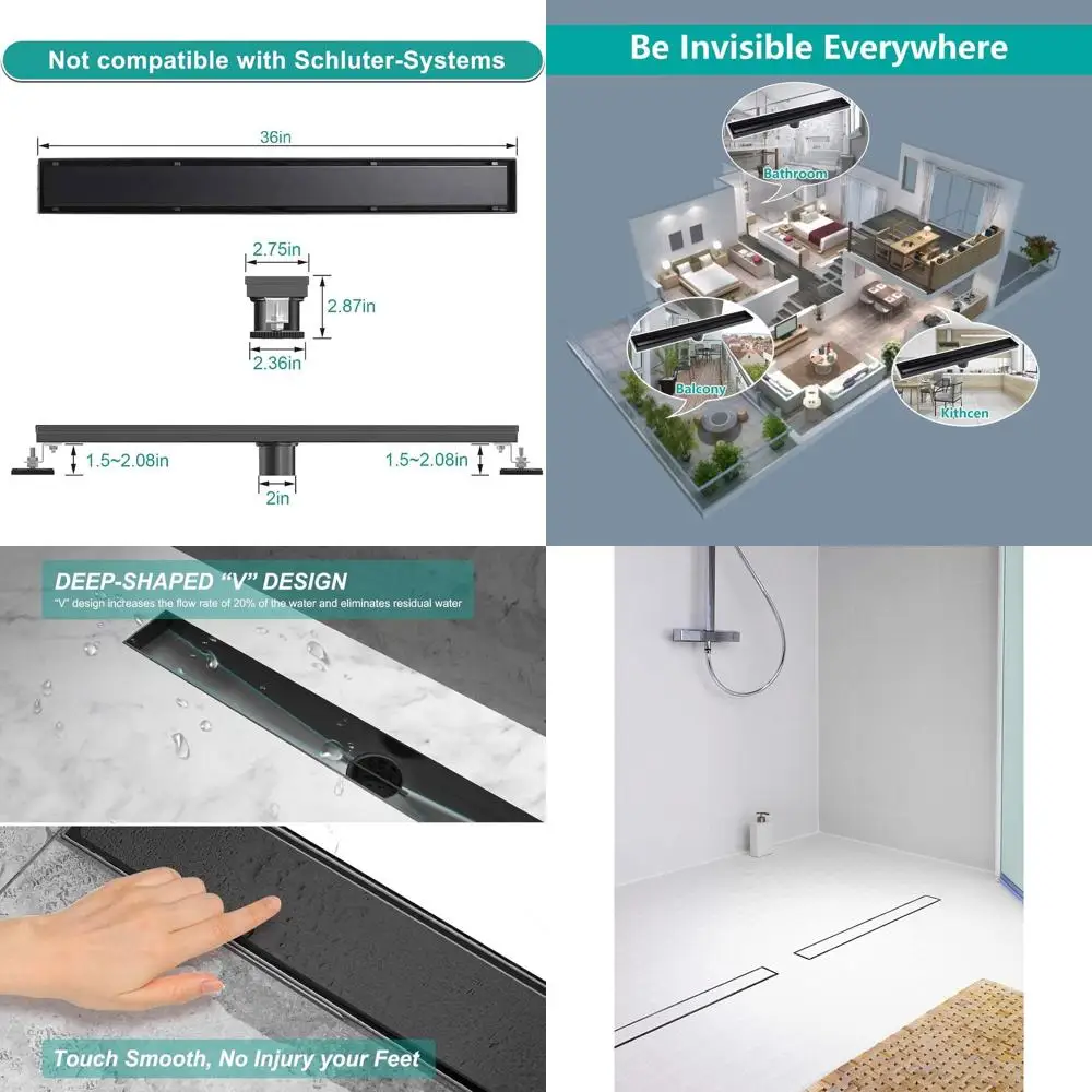 

Матовый черный линейный душевой трап 36 дюймов с реверсивной вставкой под плитку, прямоугольный, из нержавеющей стали 304, сертифицированный CUPC