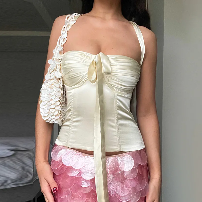

2026 Summer New Bow Lace-up Top Neck Exposed Navel Vest Women