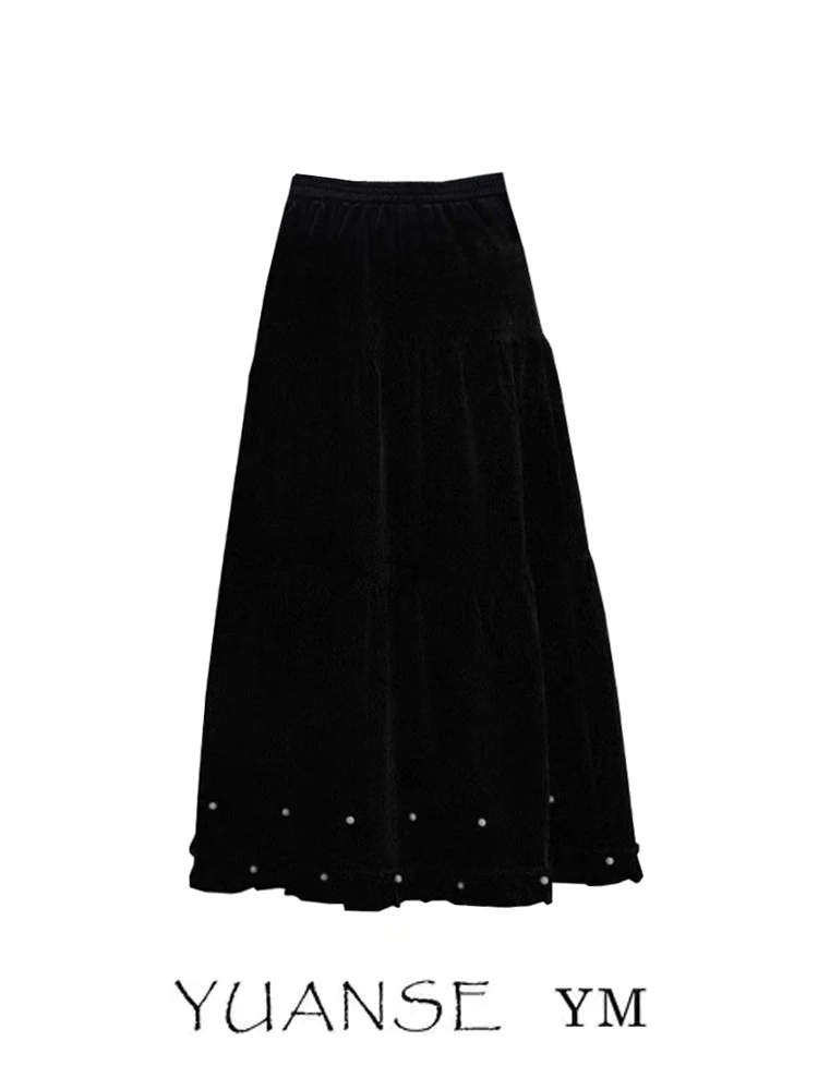 Elegant Black Lace Trim High Waist Midi Skirt Women's Autumn Winter Fashion A-Line Skirt Casual Style Daily Wear