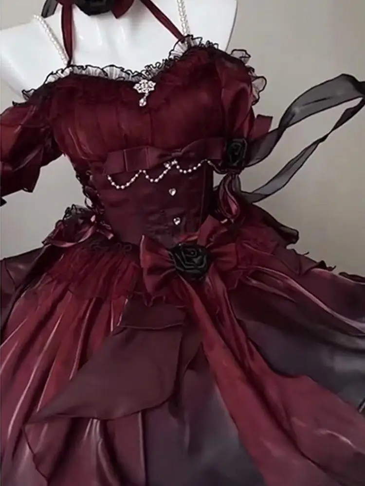 2025 كلمة واحدة طوق الرقبة القوس رقيق فساتين حفلات الأميرة الأسود والأحمر التغيير التدريجي الحلو عالية الخصر فستان الزفاف لوليتا