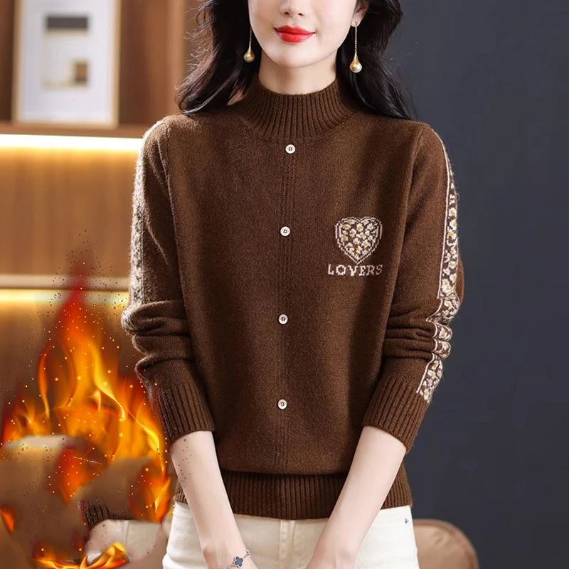 Sweater Knitted Long Sleeve Pullover Casual Elegant Women's Button Lace Splicing Geometry Autumn Winter Screw Thread Tops