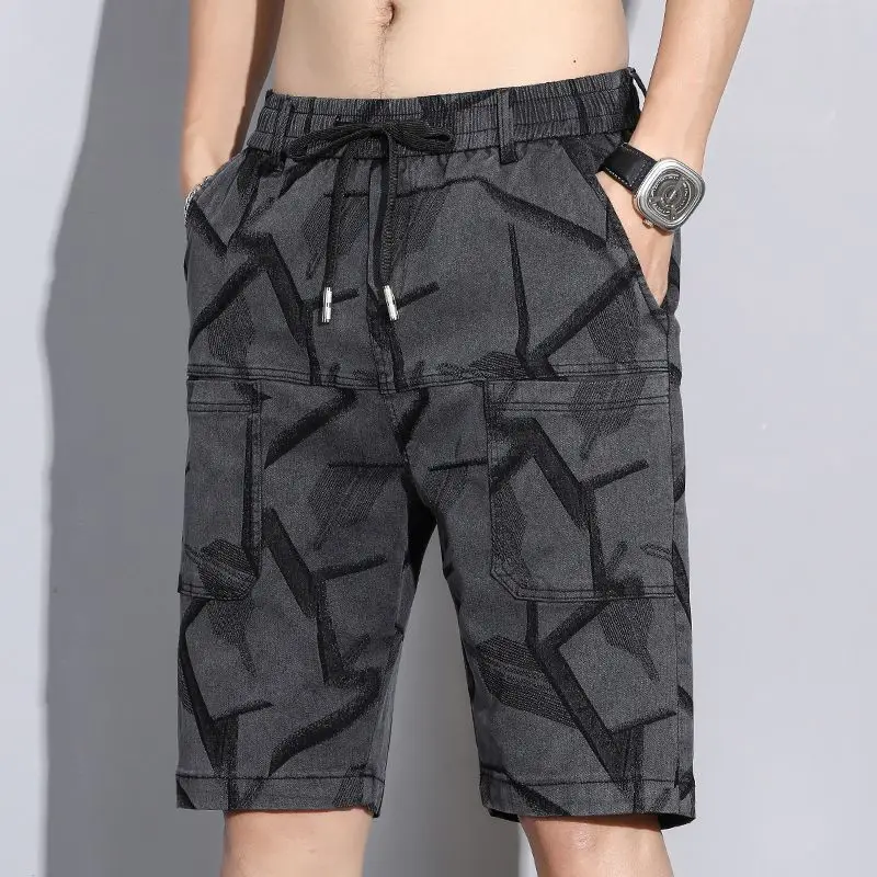 Summer England Men\'s Clothing Letter Geometric Printing Elastic High Waisted Pockets Drawstring Knee Pants Straight Cargo Shorts