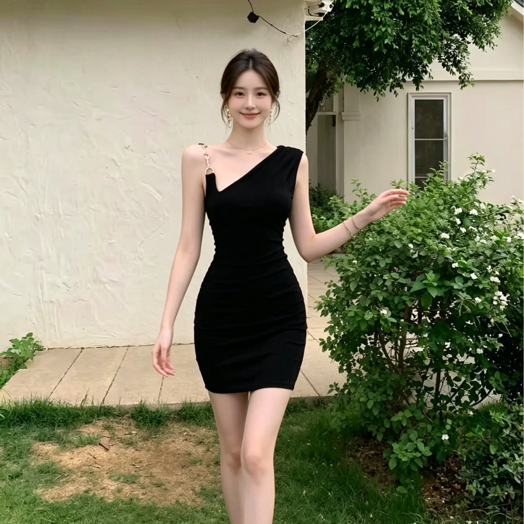 Black Metal Chain Strap Halter Dress Sexy  Skirt High Waist A-Line Silhouette Sleeveless Women's Fashion Spring Summer Au...