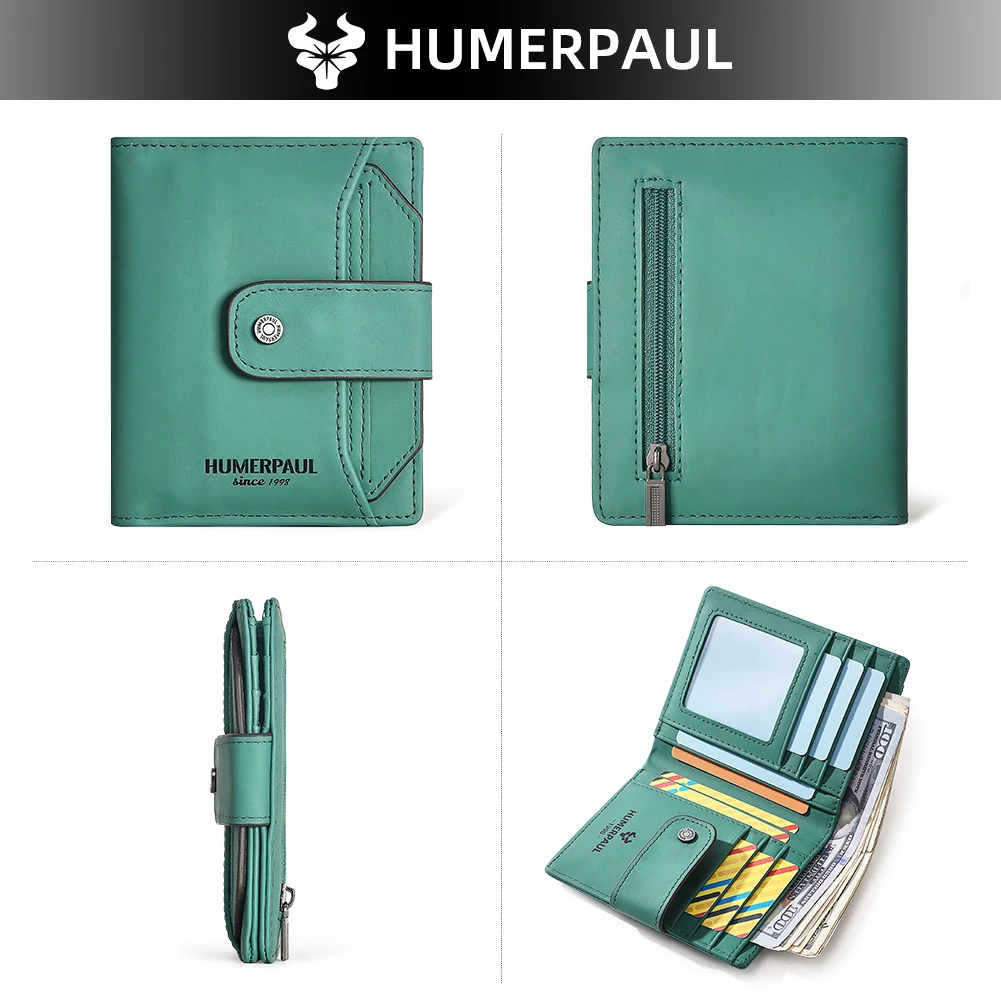HUMERPAUL Genuine Leather Women Wallet Fashion Bi-fold Wallets RFID ID Card Holder With Zipper Small Coin Pocket  Portable
