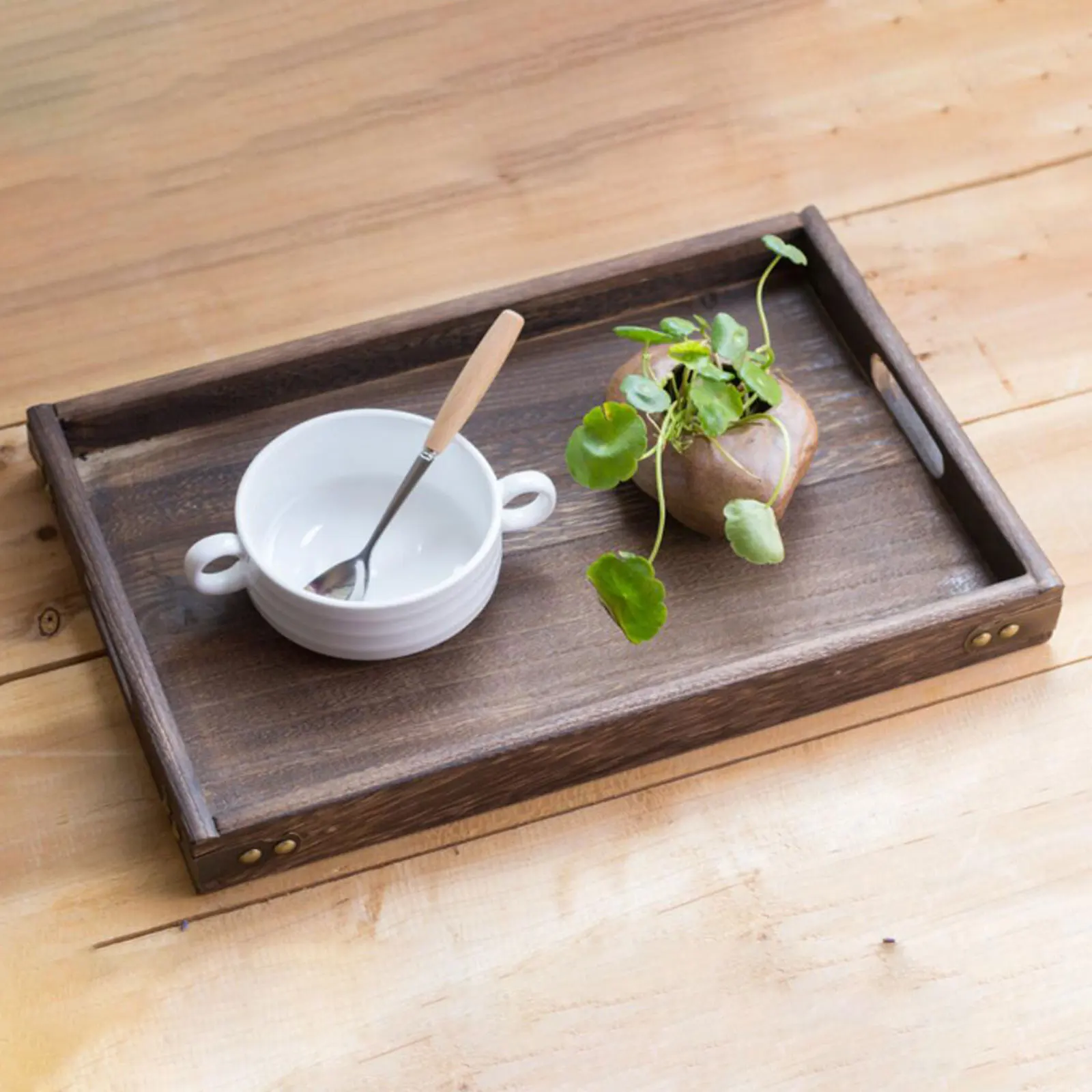 Wooden Serving Tray with Handle Eating Tray Easy to Clean Convenient for Countertop Centerpiece Decorative Rustic Rectangular