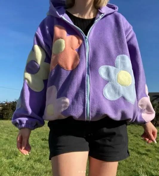 

Womens Zip Up Hoodies Fashion Long Sleeve Floral Patchwork Sweatshirts Fall Tops