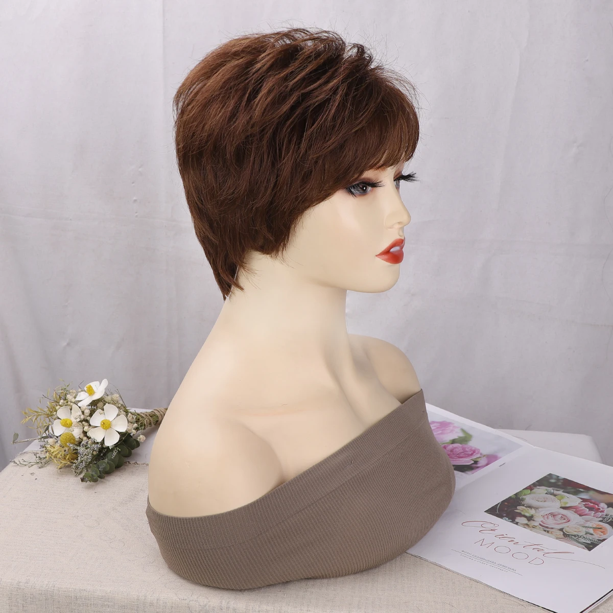 Short Dark Brown Synthetic Straight Wave Hair Wig With Bangs For Woman Replacement Heat Resistant Fiber Cosplay Wig