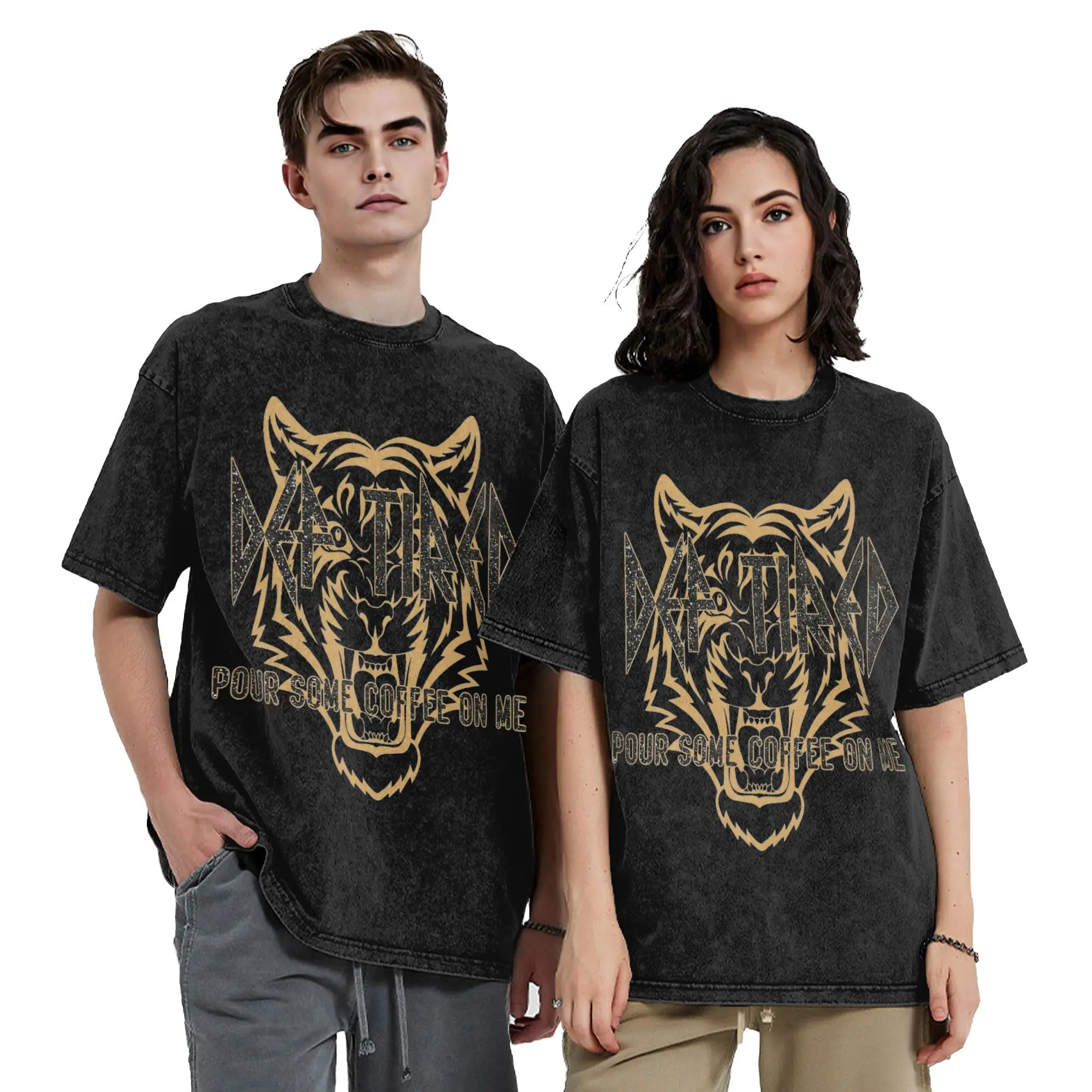 Def Tired Leopard Pour Some Coffee On Me  Washed T Shirts Pure Cotton Fashion T-Shirts Crewneck Tee Shirt Short Sleeve Tops