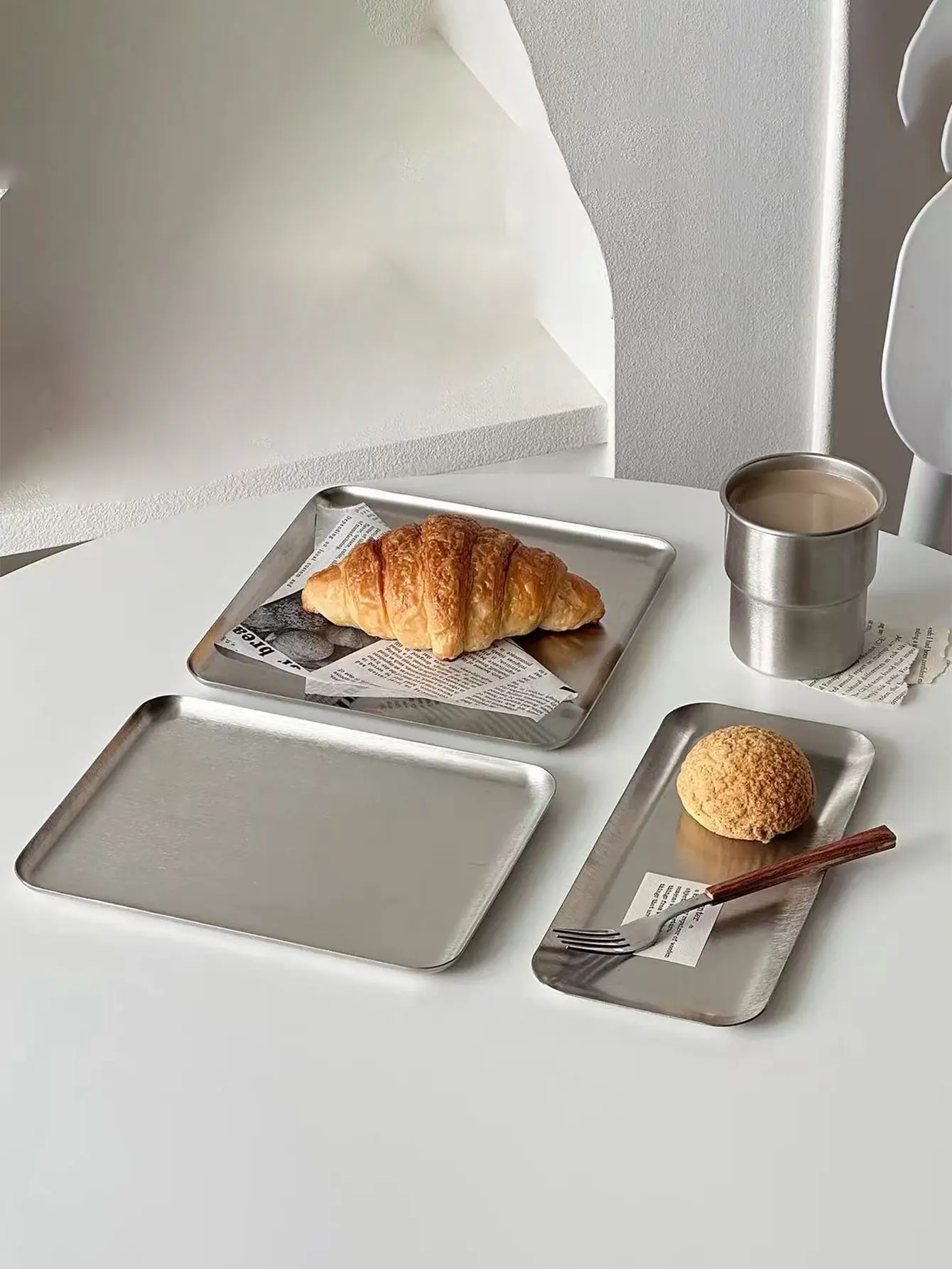 Korean-Style 304 Stainless Steel Rectangular Cafe Tray with Straight Edges, Silver Barbecue Plate, Flat Plate, Dessert Cake Plate, 1 Piece view 5