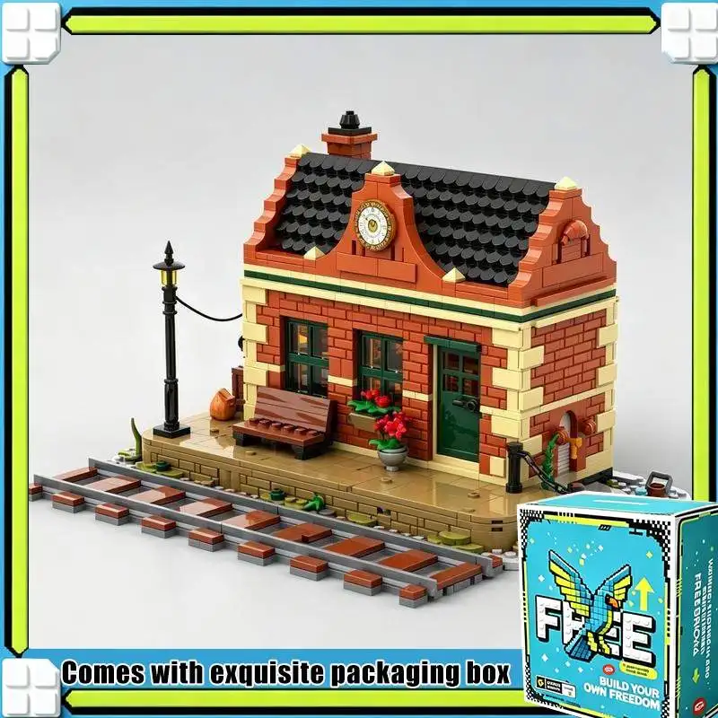 1372PCS City Train Railway Station Modular Building Blocks Street View Model Custom Puzzle Architecture DIY Assembly Toy Gift