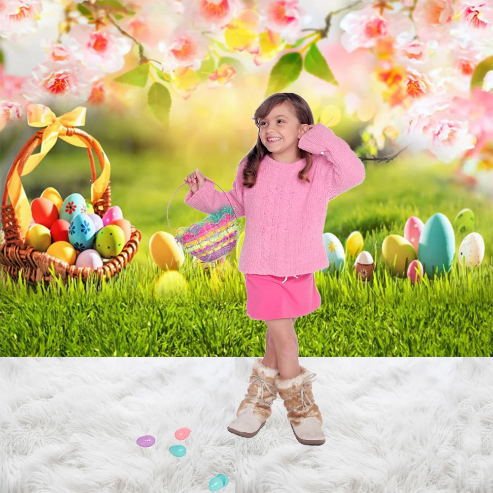 Happy Easter Photography Background Spring Green Grass Rabbit Bunny Eggs Wooden Board Baby Portrait Photo Shoot Prop Party Decor