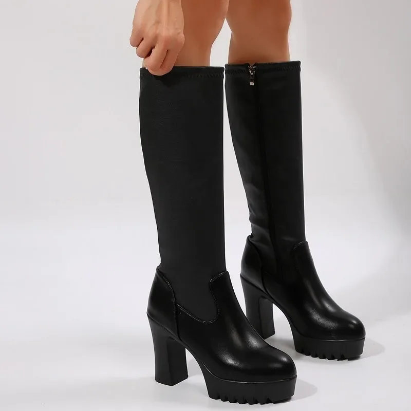 

Женская обувь 2024, большие размеры, женские сапоги до колена, современные ботинки на платформе, женская обувь на высоком массивном каблуке с круглым носком и боковой молнией