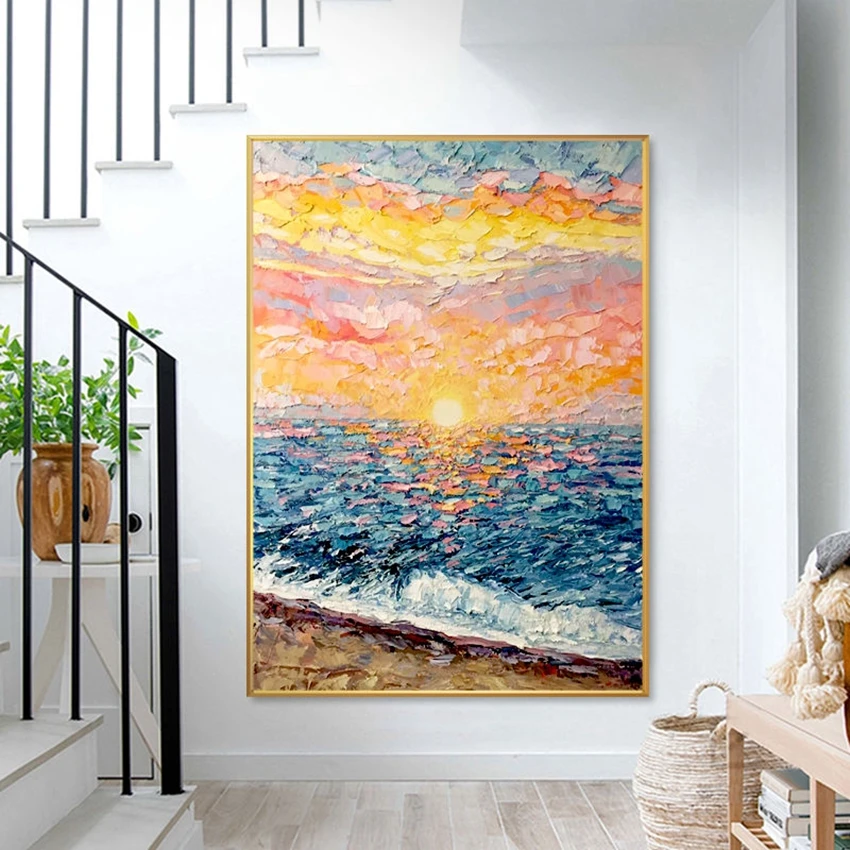 Wall Art Decoration Poster Sea Sunrise Handmade Canvas Oil Painting Textured Abstract Image Vertical Mural Custom for Home Hotel