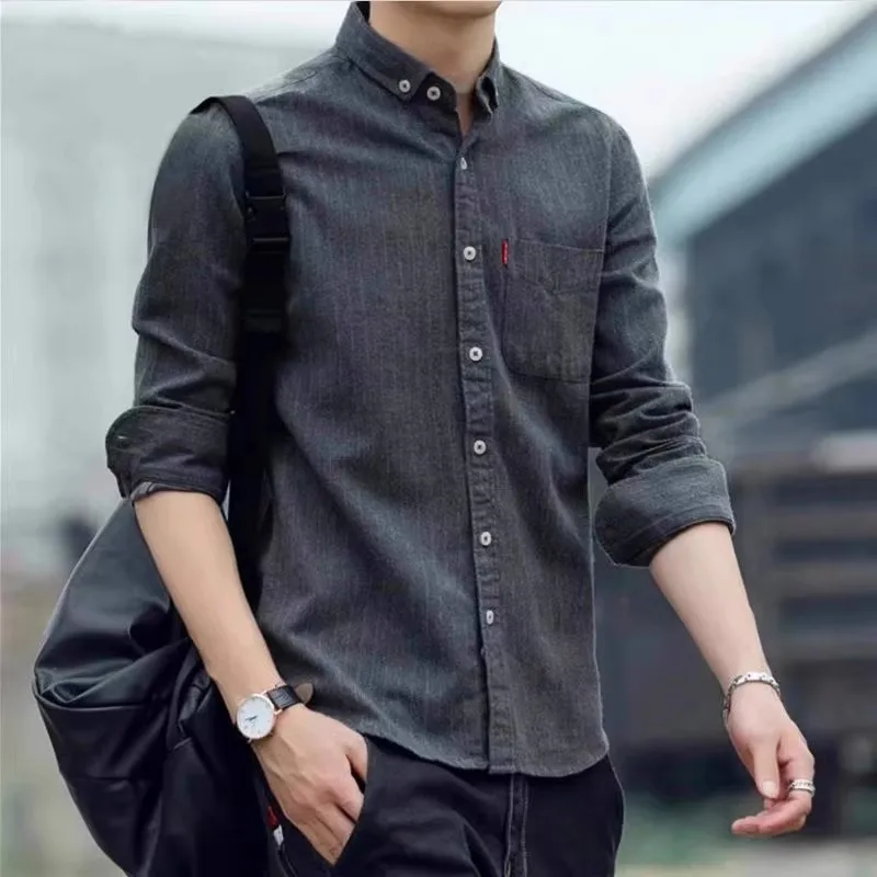 Oxford Fabric Slim Fit Long Sleeve Striped Shirt for Men Casual Wear Resistant Stainproof Spring Autumn Workwear Jacket