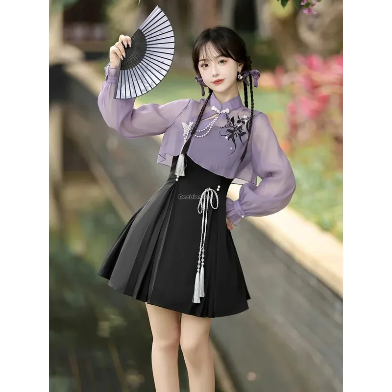 

2024, новый китайский стиль, улучшенные элементы ханьфу, топ с длинными рукавами, юбка с лямкой на шее, элегантное женское платье Ципао в стиле Лолиты jk, w658