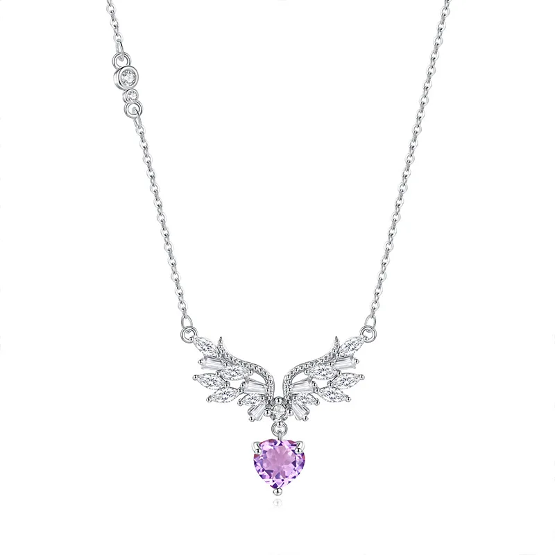 

925 Sterling Silver Women Girl Elegant Angel's Wing Pendant Necklace Women Topaz Citrine Garnet Amethyst Peridot