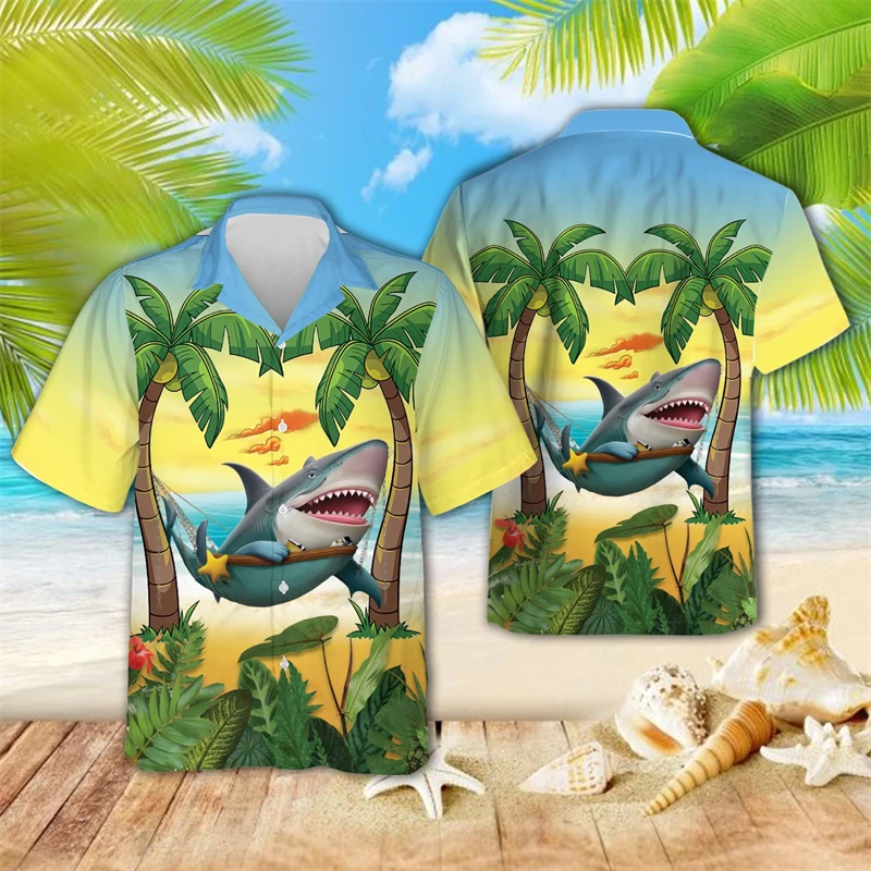 Hip Hop Hawaiian Shark Shirts For Men Clothes Funny Animal Graphic Beach Shirt Aloha Surfing Lapel Blouse Vacation Short Sleeve