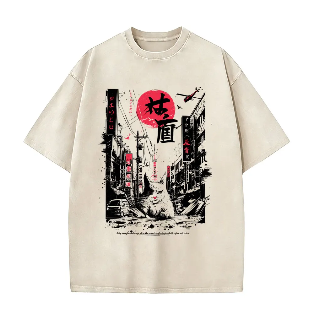 Japanese Cat Funny Vintage Washed T-shirts Men Women Casual Humor Style Short Sleeve Tee Shirt Unisex Oversized Cotton T Shirts