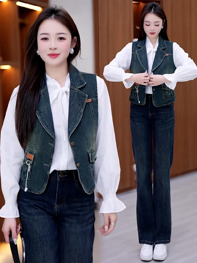 Ort-Chaleco vaquero informal para mujer, versátil, tamaño pequeño, almohadilla para el hombro, otoño, nuevo Sle, corte holgado, coreano