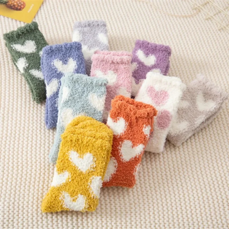 

Warm Middle Tube Socks Heart Lovely Cotton Winter Thickened Coral Wool Sleep Socks Home Floor Socks Women Cute Calcetines Mujer