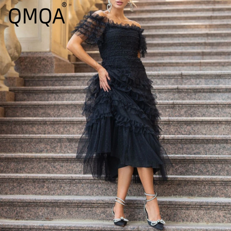 QMQA Fashion Women's Banquet Dresses Off Shoulder Mesh Slim Waist Polka Dot Solid Color Elegant Dress 2025 Spring New 1A860