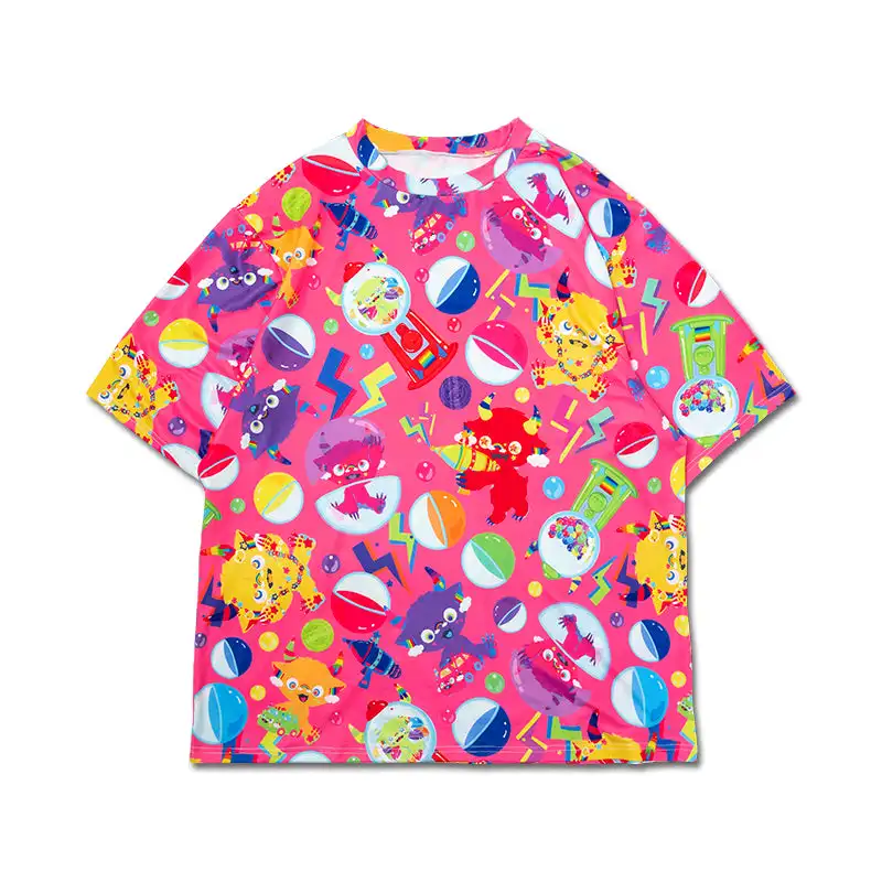 Harajuku-Dekorations-Mode-T-Shirt in Rosa mit Cartoon-Monster-Print, Locker Geschnittenes Japanisches Y2K Streetwear-Kleid für Erwachsene und Kinder – Detail 7