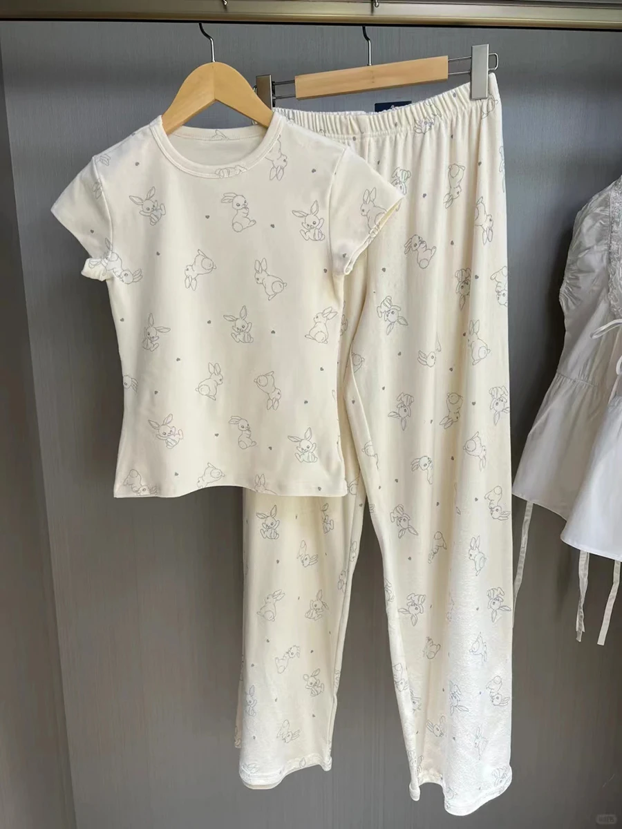 Rabbit Print T-shirt Eyelet Long Pant Sets Women Summer New Cotton Casual Pajama 2 Piece Set Sweet Vintage Home Pants Sets Y2k