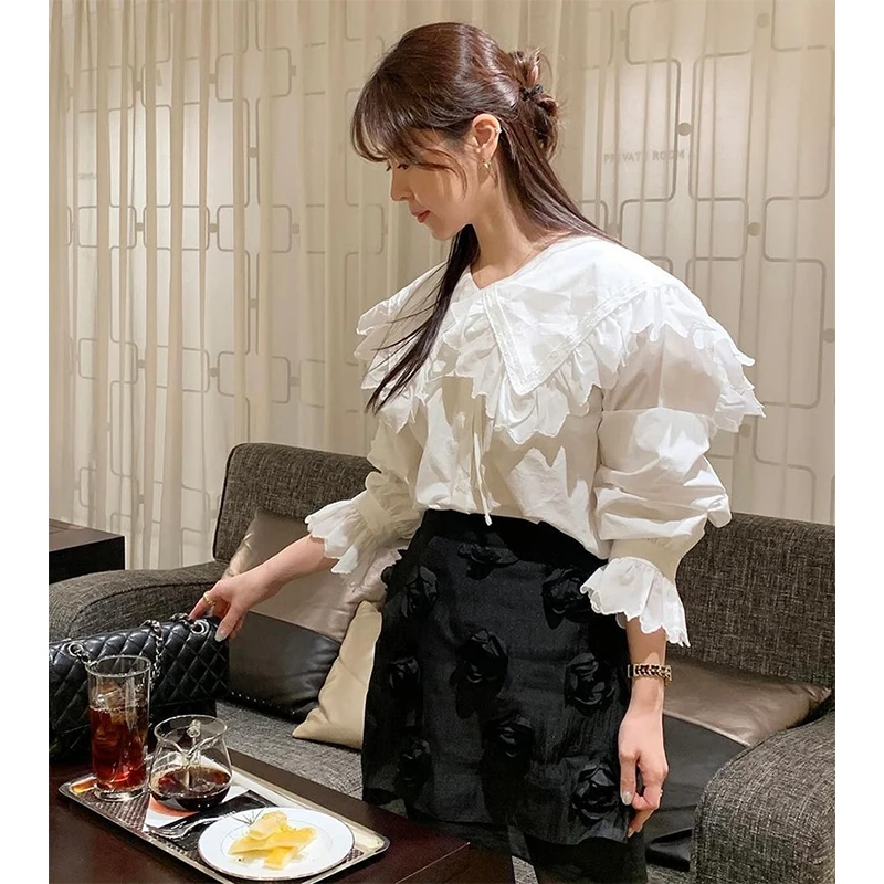 Mexzt elegante camisas listradas moda feminina rendas babados retalhos blusas brancas coreano rendas até alargamento manga longa design topos novo