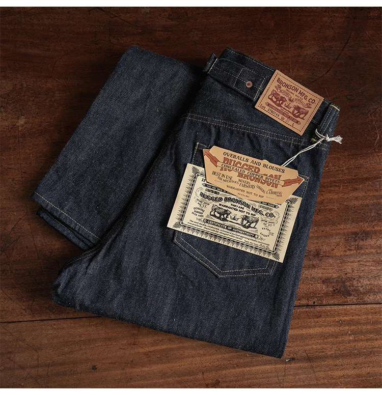 

2025 Rugged Bronson 37801XX Raw Selvedge Denim Jeans Indigo Straight Leg Slightly Cropped Fit Men's Trousers