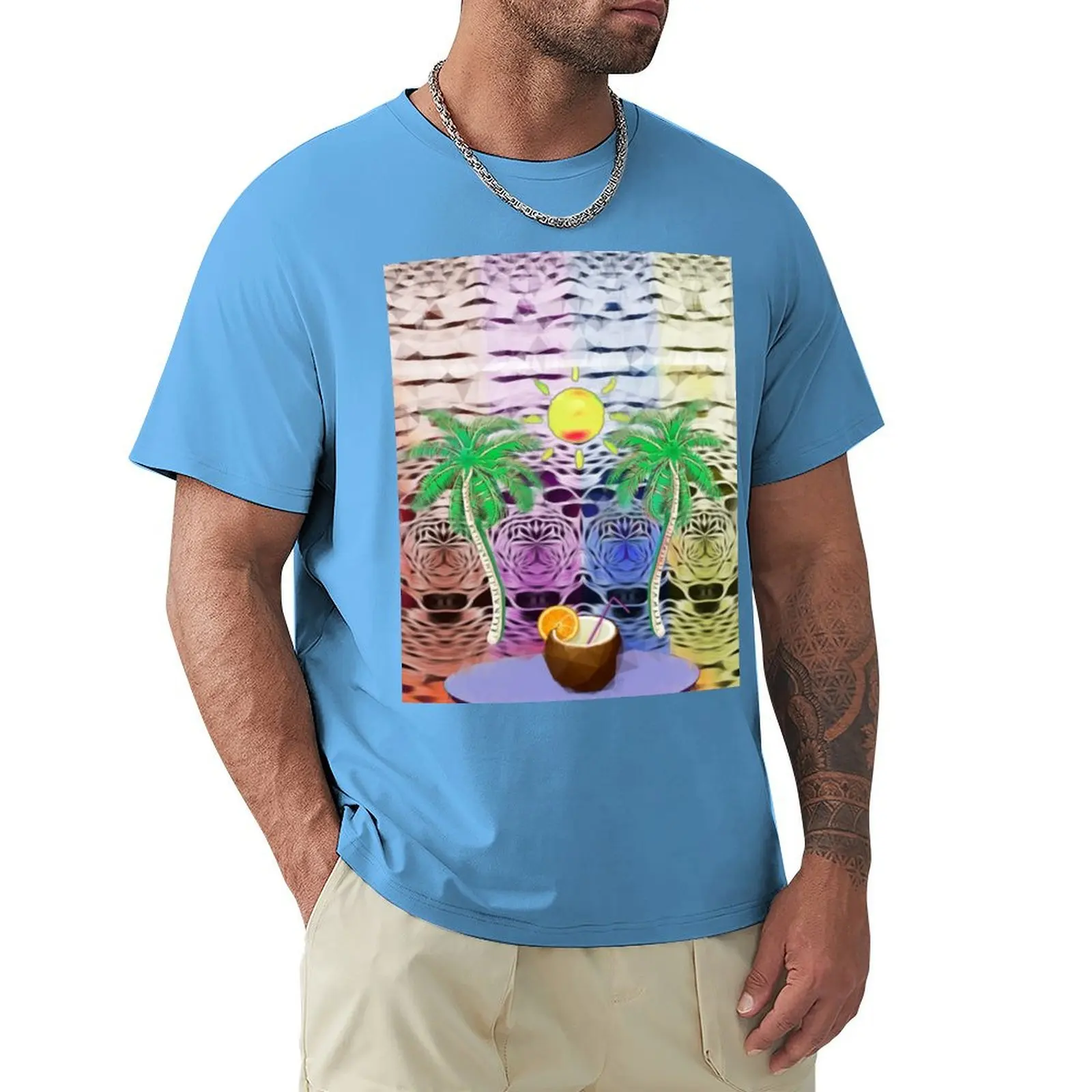 Summer feeling - cocktail under palm trees. colorful mixed media design T-Shirt kawaii clothes men clothing