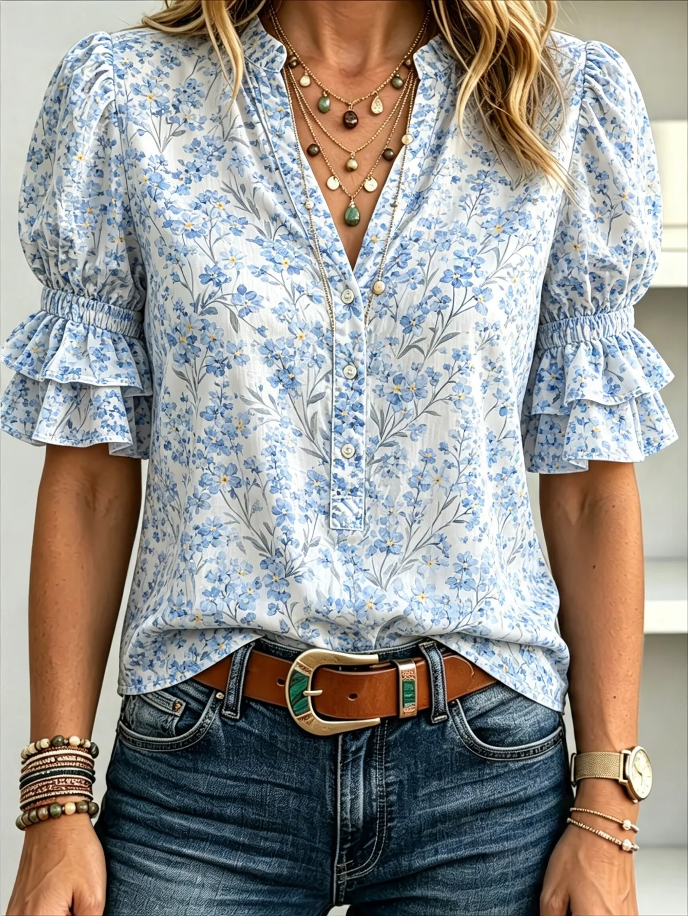 Women Western Farm Boho Ditsy Floral Blouse V Neck Double Ruffle Puff Short Sleeve Summer Casual Top