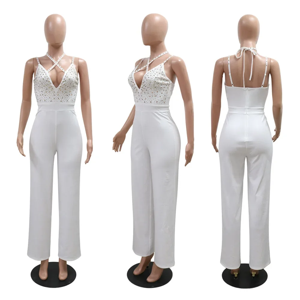 Women Diamonds Hot Rhinestones Strap Sleeveless Wide Leg Jumpsuit 2024 Summer Sexy Party Even One Piece Romper Playsuits