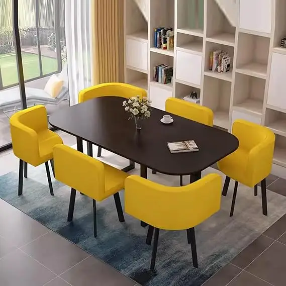 

！@Modern Resistant Metal Dining Table Set for 6 for Home Office and Cafe Stylish for Living Room and Outdoor Use 1 Table 6 Chair