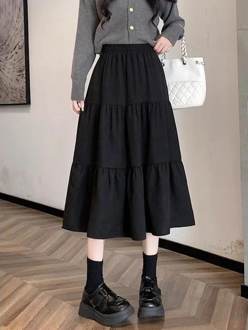 

2024 Spring New High Waist Slimming Elegance Versatile Elastic Waist Large hem Skirt Mid length A-line Half length Skirt UOAD