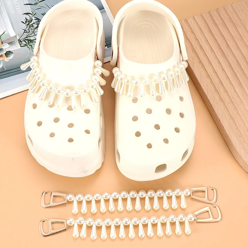 2024 New 2Pcs Hole Shoes Charms Chain Shoe DIY Crystal Pearl Decoration Pendant Buckle for Gift Shoelace Accessories