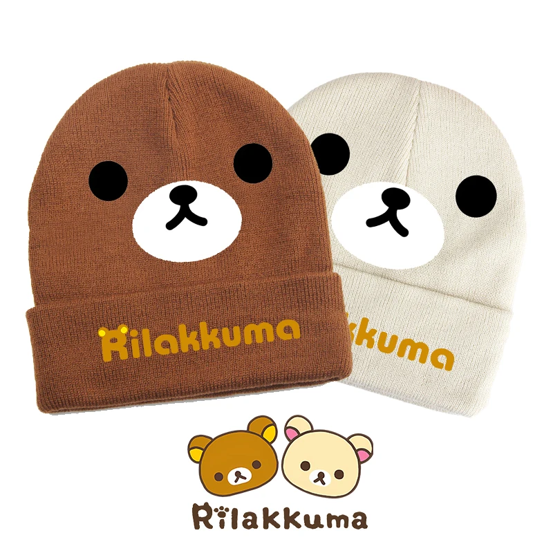Leuke RULAKKUMA BEER Gebreide muts Muts Winter Warm Leuke Cartoon Anime Print Wollen muts voor kinderen Tieners Meisjes Jongens Outdoor Warme mutsen