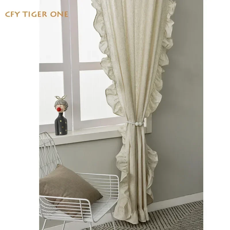 

Cotton Linen Retro Ruffle White Curtain for Living Room Rod Thick Drapes for Bedroom Farmhouse Window Curtain with Hooks