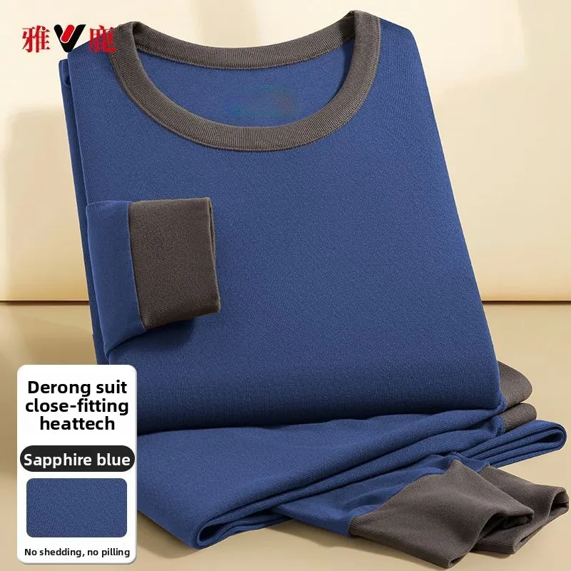 벨벳 두꺼운 남성용 보온 내의 세트 대비색 방풍 중년 및 노년용 가을 겨울 캐주얼 수트