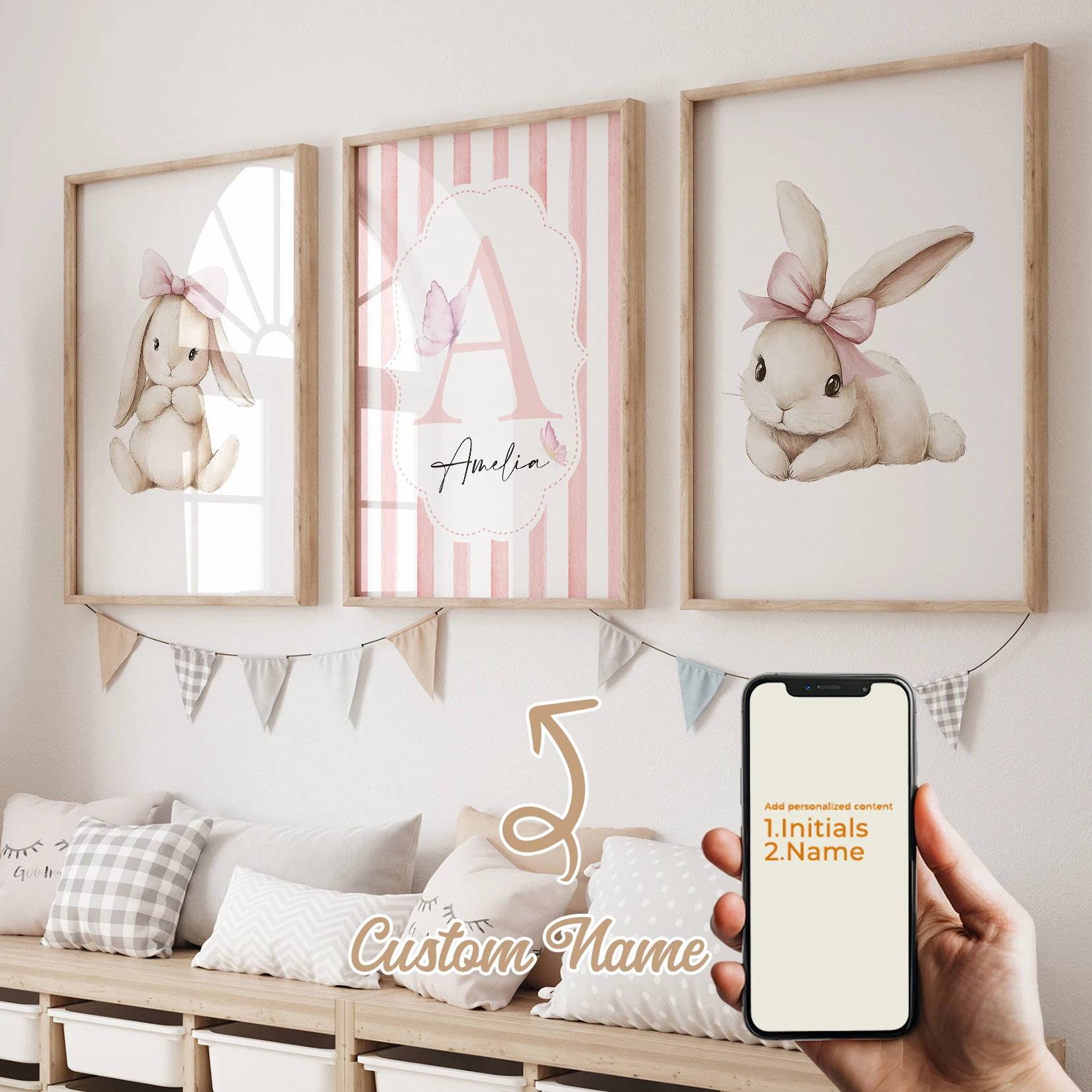 

3pcs Personalized Name Custom Cute Little Rabbit Pink Bow Line Wall Art Print Picture Living Room Kids Room Home Decor