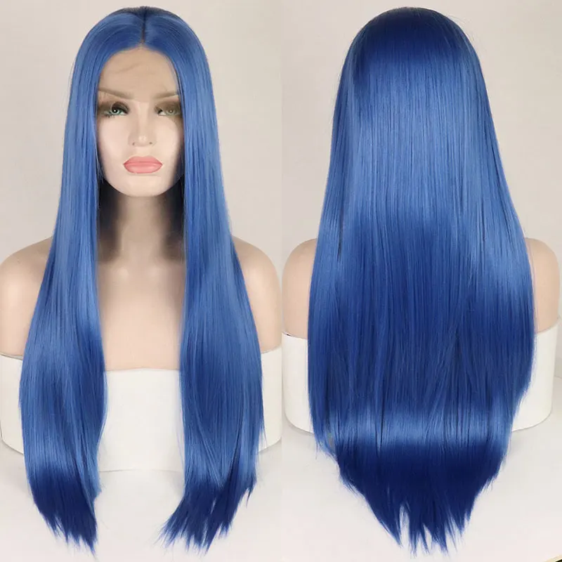 Light Blue Color Straight Hair Synthetic 13X4 Lace Front Wigs High Quality Heat Resistant Fiber Natural Hairline For Black Women