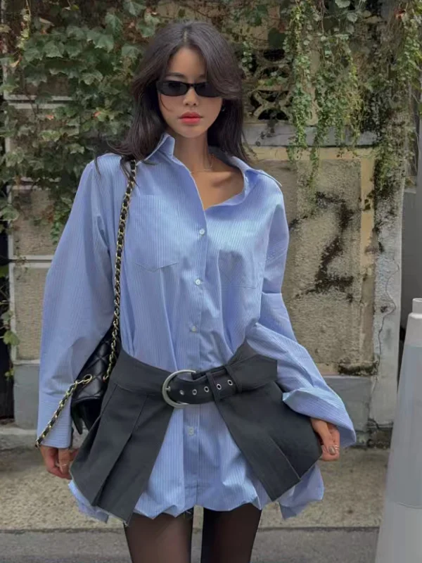 

Faionable Blue irt And Skirt Set Women's Loose Fit Long Sve Autumn New Design Belted f-length Pleated Skirt Ensemble