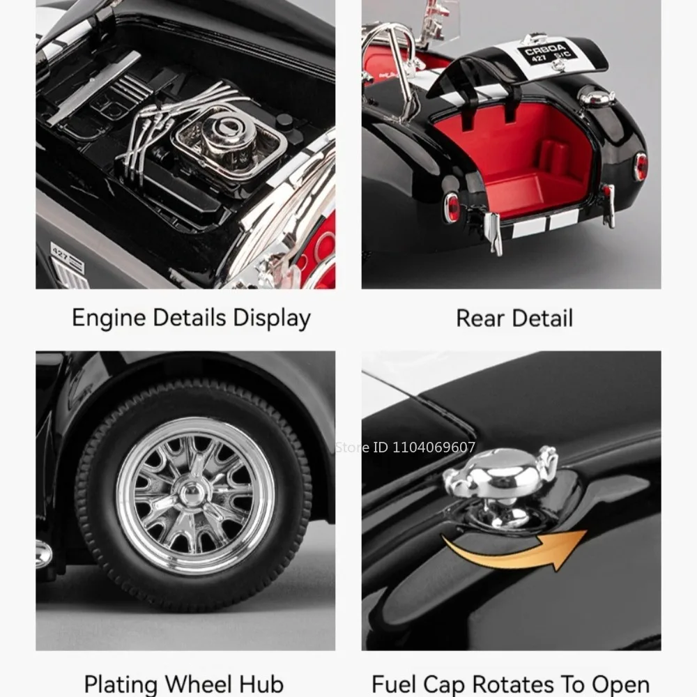 1:24 Car Mustang Shelby Cobra Eldorado Model Toys Alloy Diecast Sound Light Doors Opened Pull Back for Children Interactive Toys