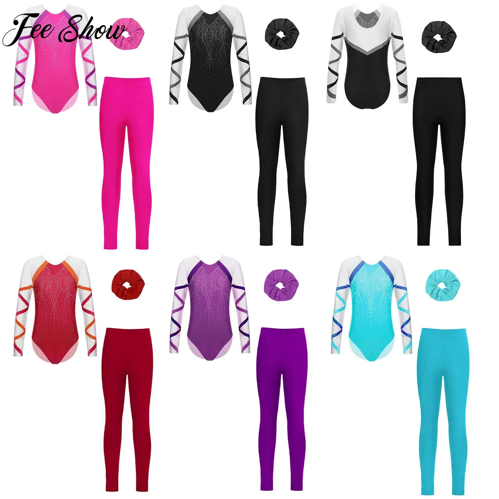 

3Pcs Girls Gymnastics Ballet Dance Outfit Glittery Rhinestones Long Sleeve Leotard Set Kid Figure Skating Acrobatics Costume Set