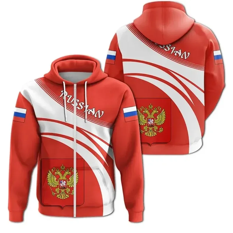 Russia Flag Map 3D Print Zip Up Hoodies For Men Clothes Russian National Emblem Eagle Hoody Casual Pullovers Y2K Tracksuit Tops