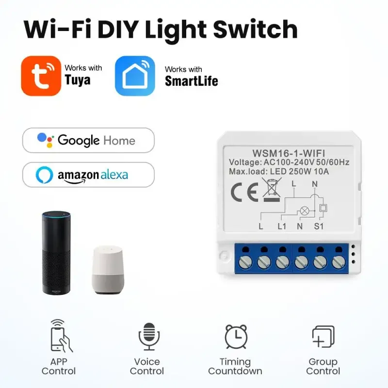 WiFi Tuya Smart Switch Circuit Breaker 16A 1/2/3/4 Way Dual Control Mini Light Switch Module Work With Amazon Alexa Home